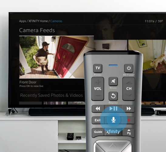 X1 Remote displayed in front of TV showing Xfinity Home cameras